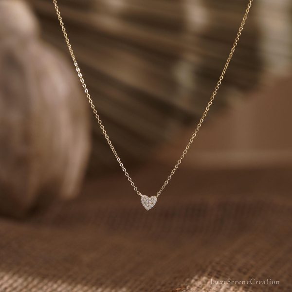 Minimalist Pave Heart Necklace Sterling Silver Pendant Tiny