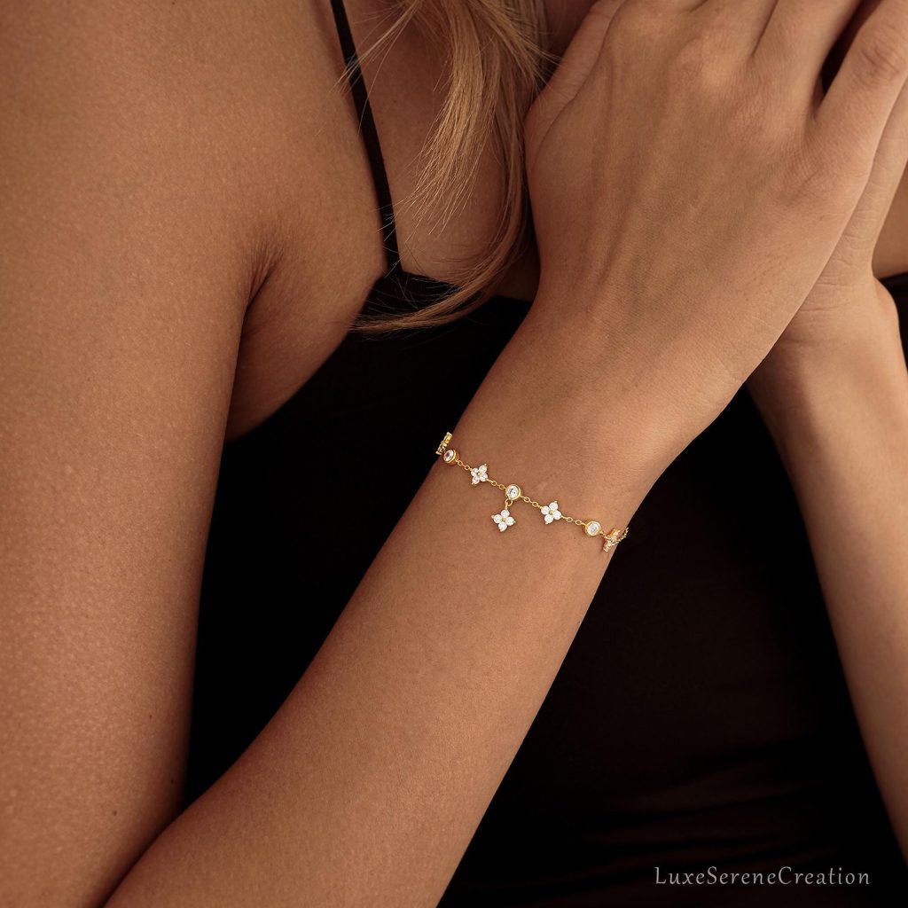 925 Sterling Silver Flowers Diamonds Bracelet Minimalist Diamond
